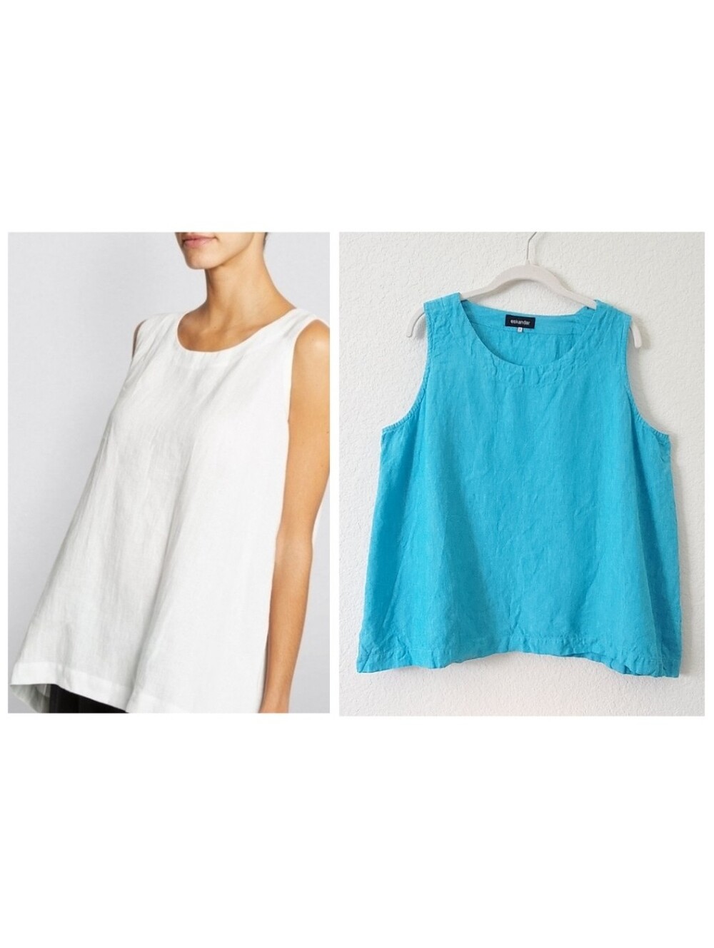 Eskandar Linen Blue A-line Round Neck Shell Tank Top US 14-16 Size 2 Lagenlook